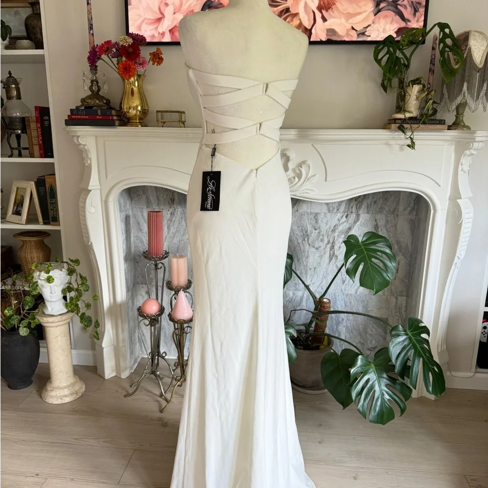 La Femme Strapless Evening Dress in White 27035